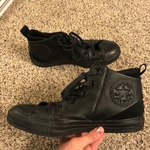 Black leather high top Converse size 7